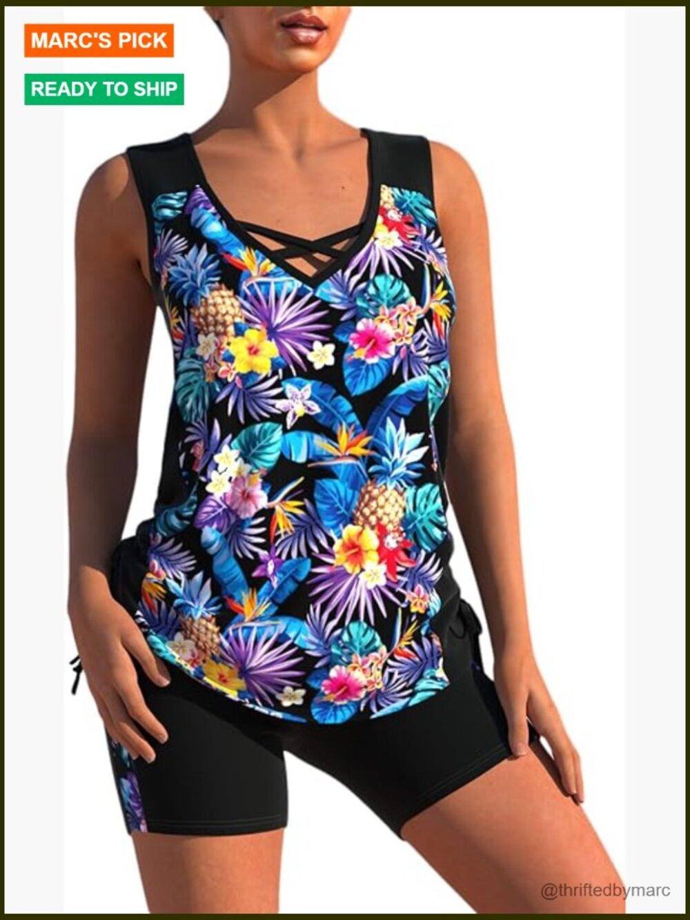 Two Piece Tankini Swimsuits for Women, V-Neck Cross Straps Tank Top with Bike
